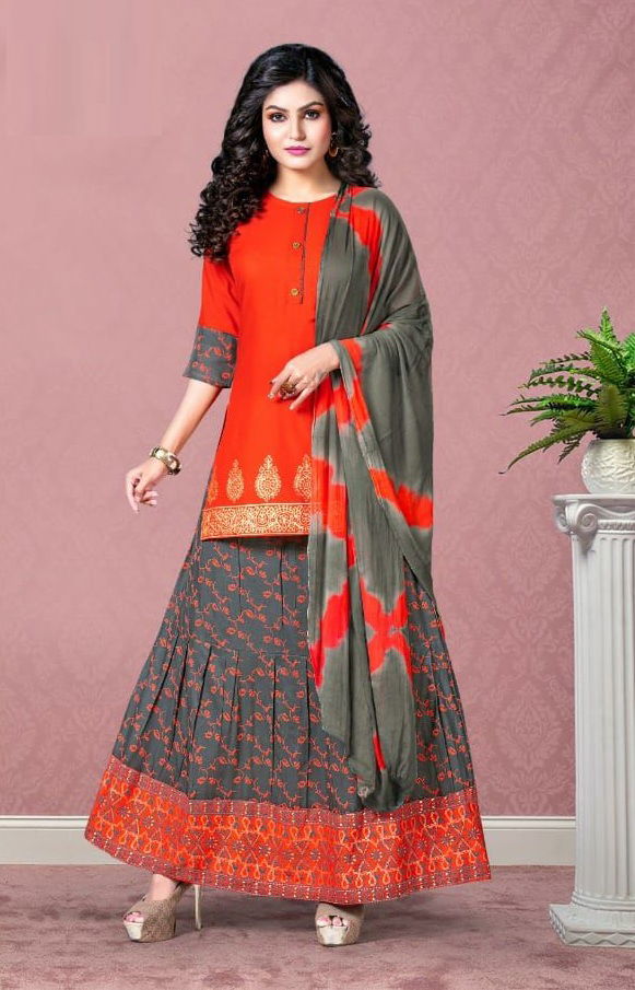 Kinti Panghat Fancy Ethnic Wear Rayon Printed Kurti With Skirt Collection